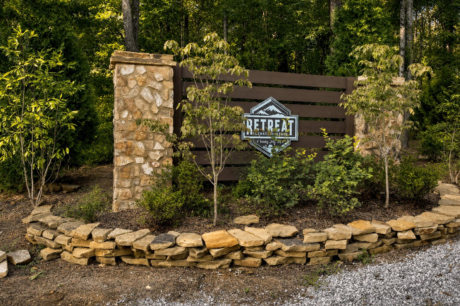 A stone wall with a wooden gate and a sign that reads 'RETRIEVE.'