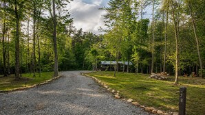 A gravel driveway leading to a lodge surrounded by trees. - Jenny's Retreat at The Retreat at Deer Lick Falls (Monteagle)