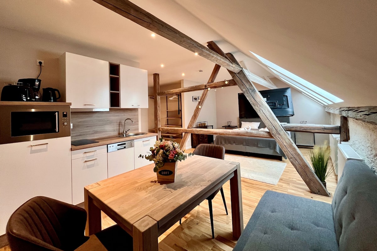 Um apartamento moderno estilo loft, com cozinha, sala de jantar e área de dormir.
