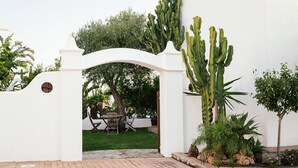 A white arched entrance with a cactus and palm plants.