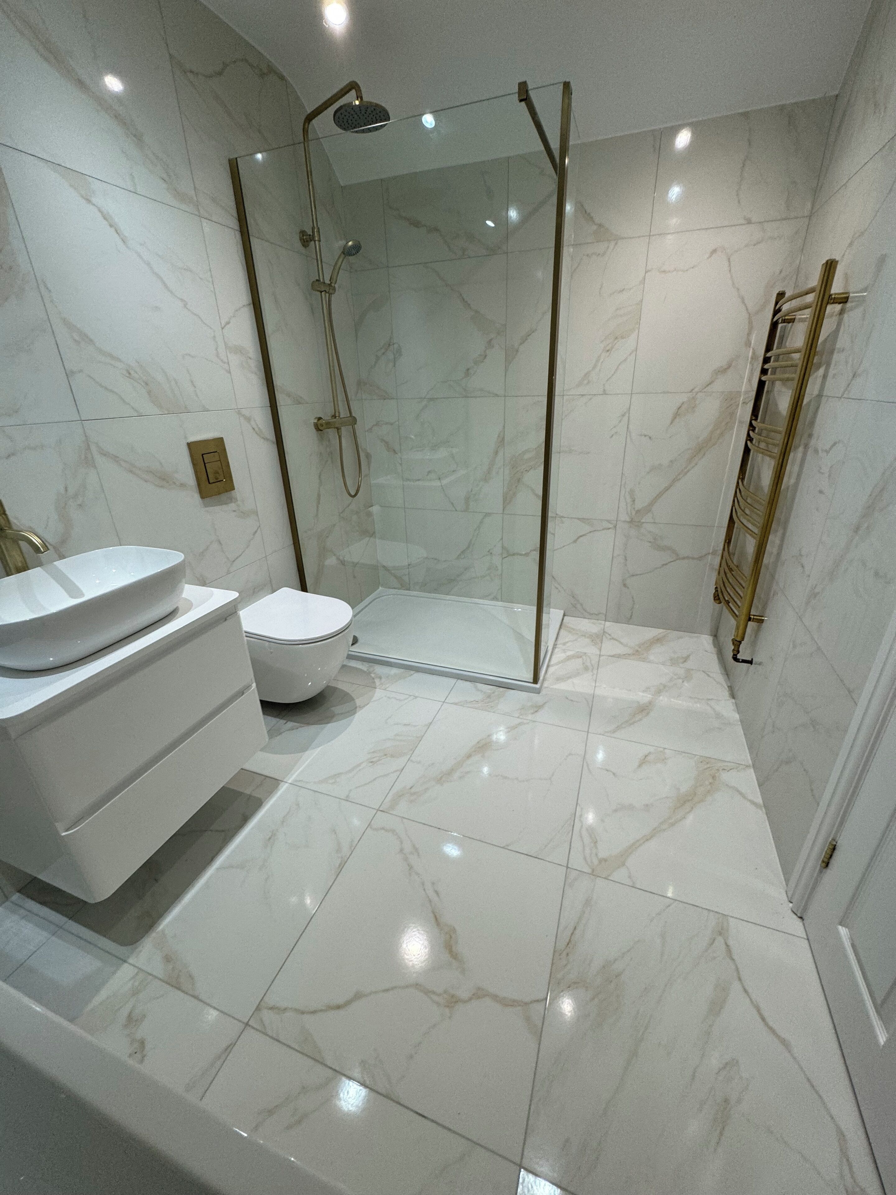 Combined shower/bathtub, towels, soap, toilet paper