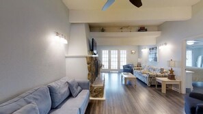 Smart TV, fireplace, video games, DVD player