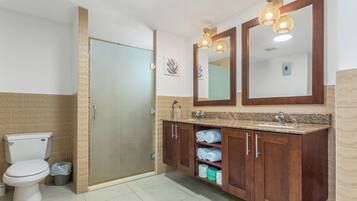 Shower, hair dryer, towels, soap