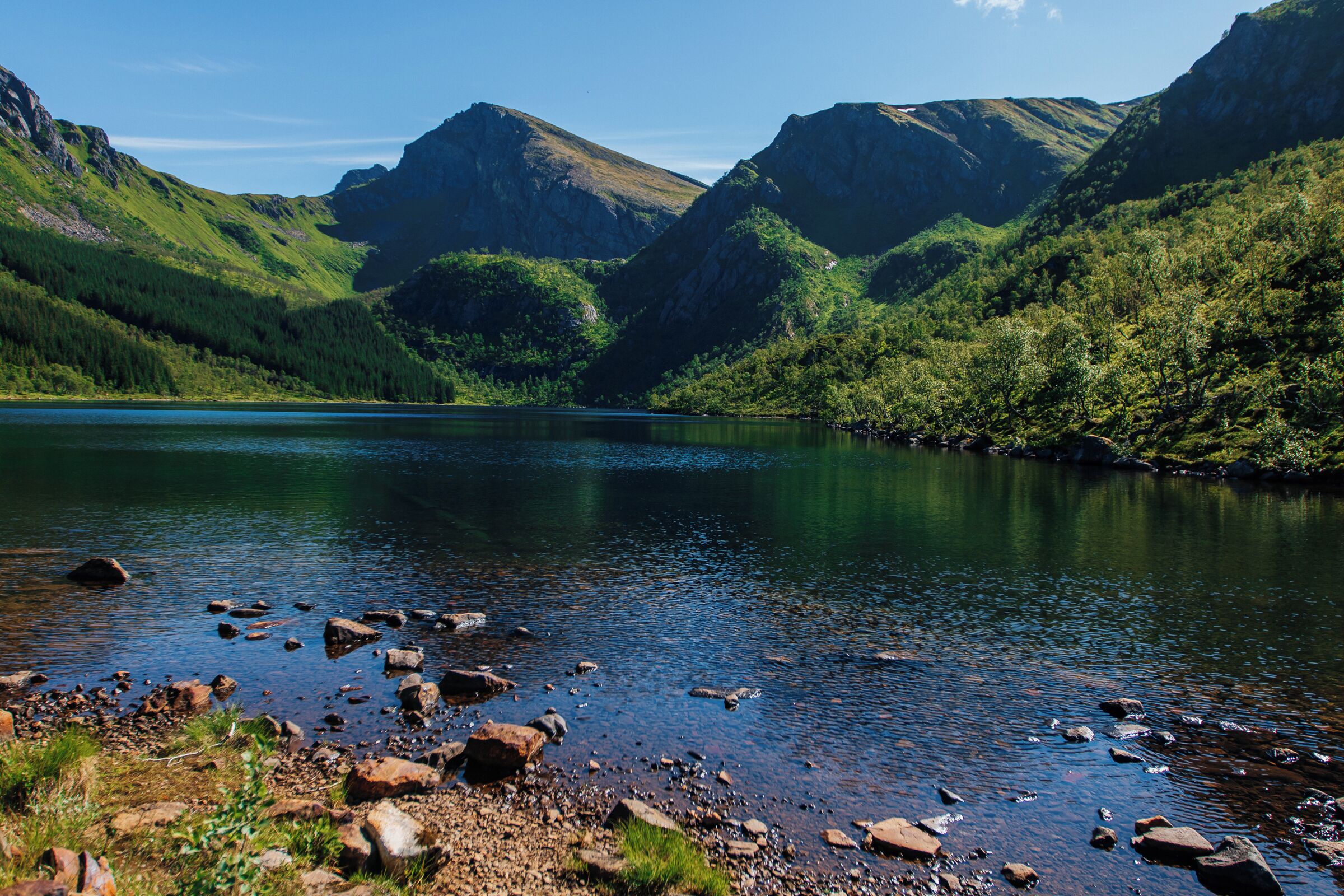 Paisaje montañoso con un lago, costa rocosa y abundante vegetación.