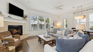Smart TV, fireplace, books