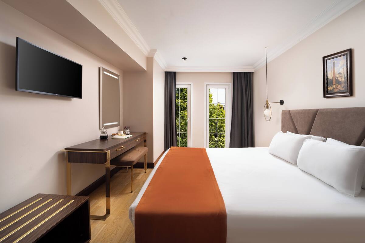 A hotel room with a bed, a desk, a chair, a television, a framed picture, and a window with curtains.