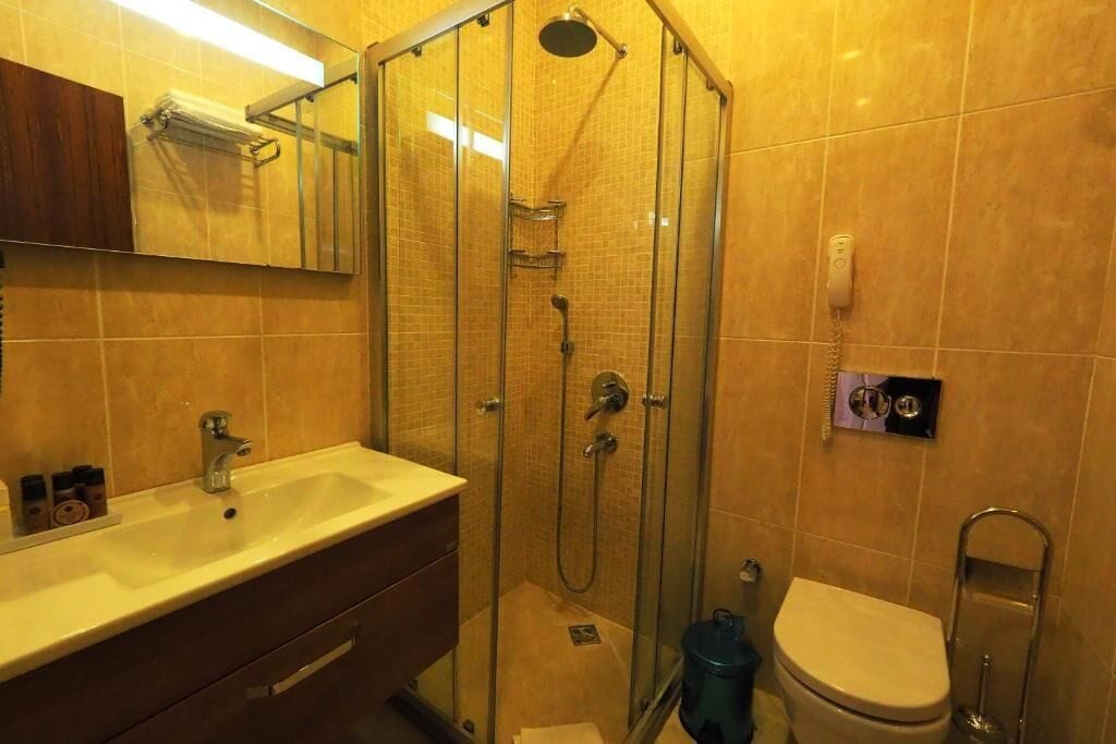 A bathroom with a glass-enclosed shower, a white sink, and a toilet.