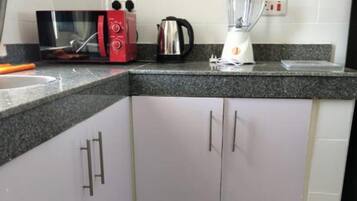 Réfrigérateur, micro-ondes, plaque de cuisson, blender