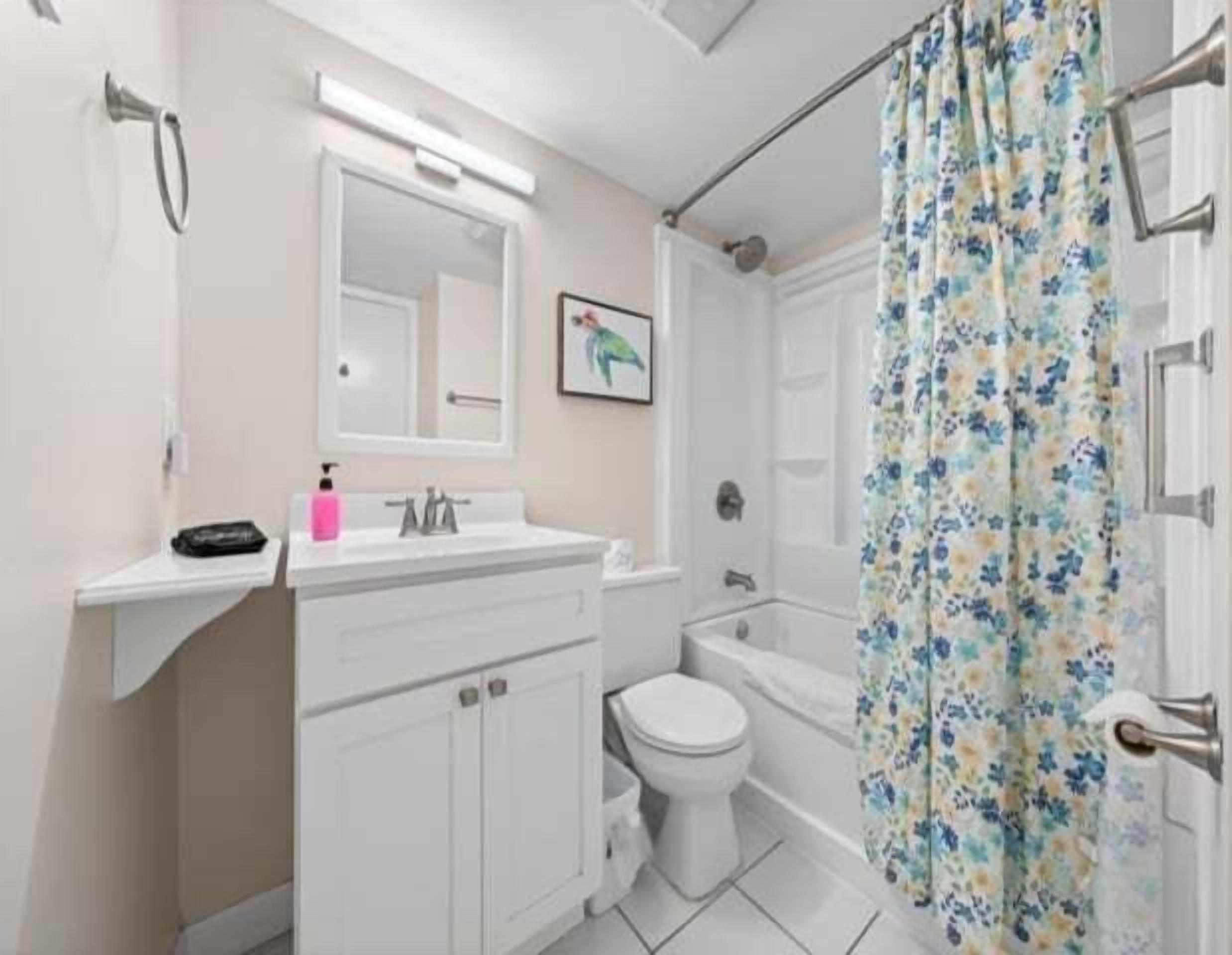 A bathroom with a white sink, mirror, and toilet, a shower curtain with a floral pattern, and a light fixture above the mirror.