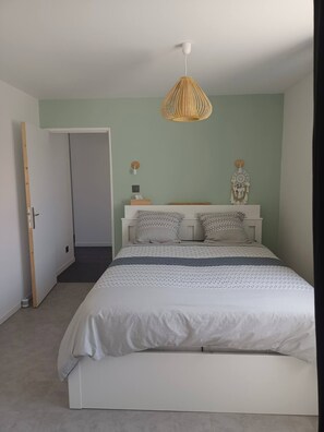 Quarto com uma cama, mesa de cabeceira, luminária pendente e uma porta.