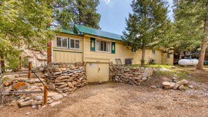 Une cabane rustique avec une entrée surmontée d’un mur de pierres, un toit végétalisé et un petit espace porche.