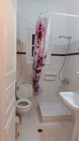 Un baño con inodoro, ducha y lavabo.