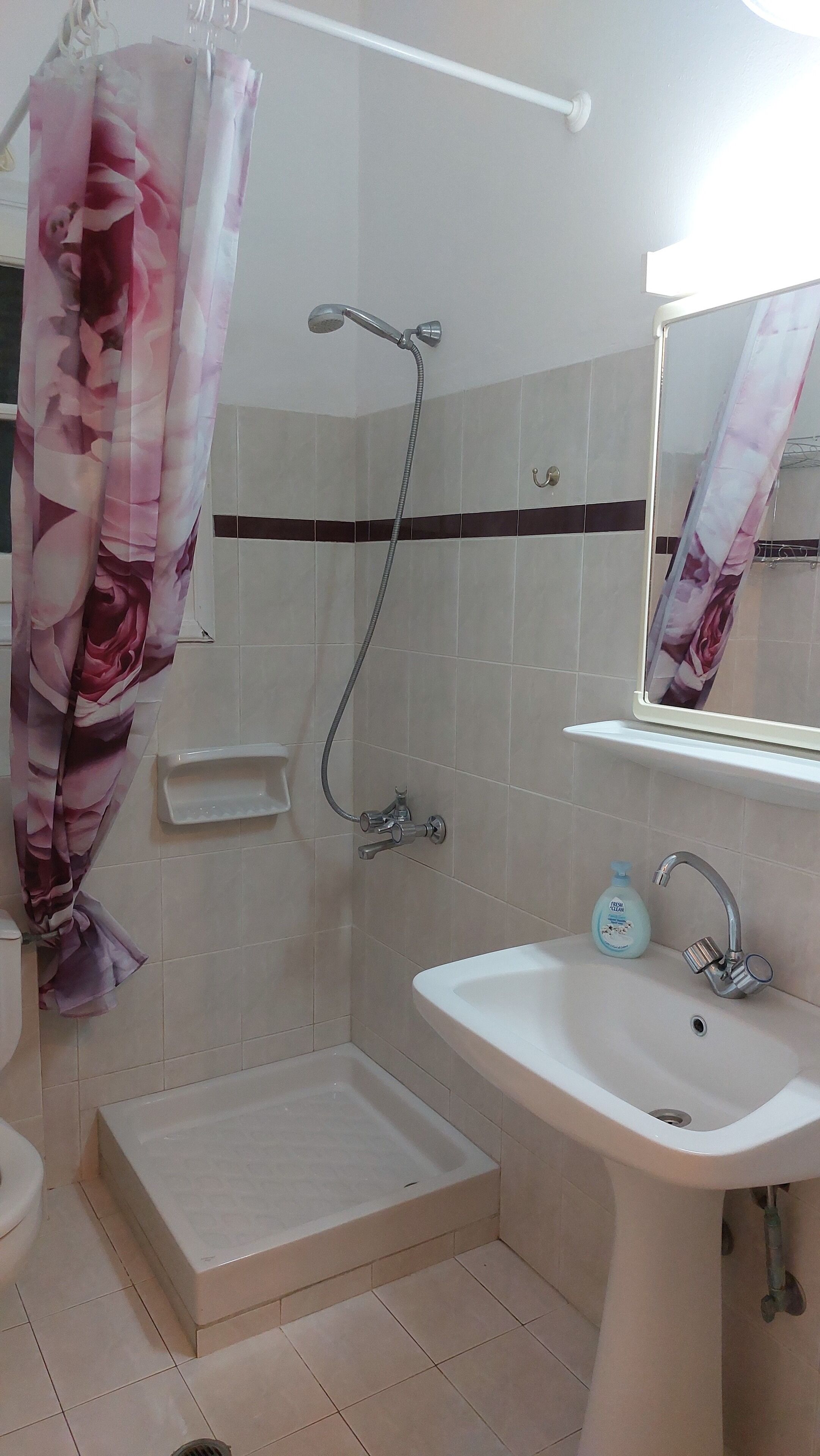 Un baño con ducha, lavamanos e inodoro.