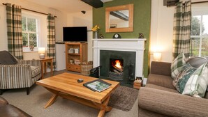 Una sala de estar acogedora con chimenea, televisor y un espacio de descanso cómodo.