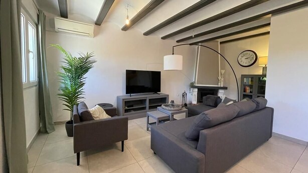 A modern living room with a sofa, TV, lamp, and a large plant. - T-0621, Campo Olivar, townhouse in Campo Olivar, Els Poblets (els poblets)