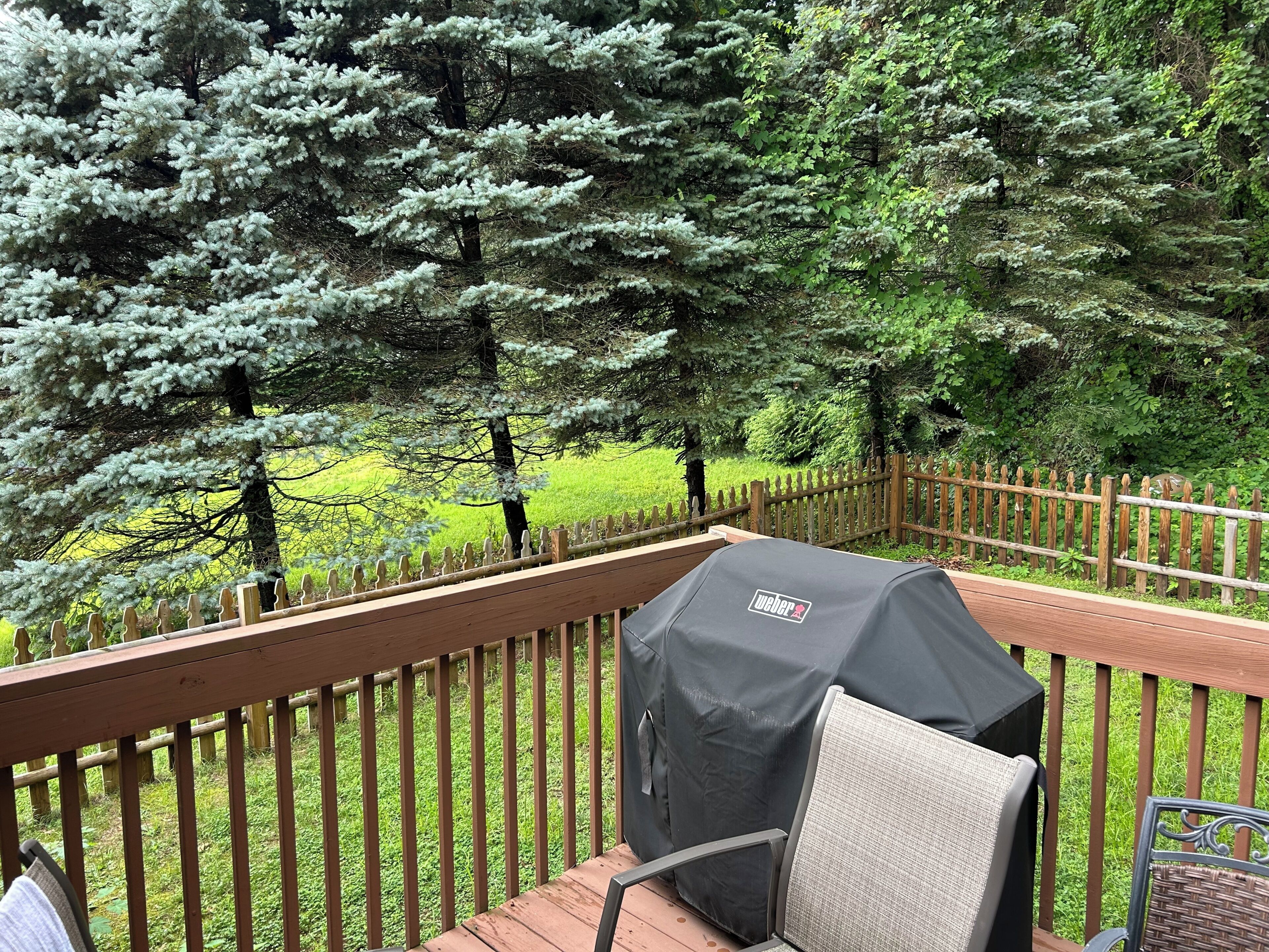A wooden deck with a grill and a chair, surrounded by a wooden fence and trees.