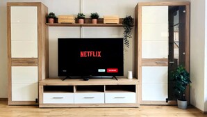 Un salon moderne avec un téléviseur à écran plat posé sur un meuble de rangement en bois, agrémenté d’un logo Netflix, d’une petite plante et d’une porte située à droite.