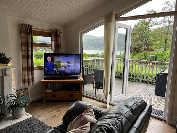 Smart TV, fireplace, video games, DVD player