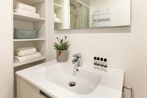 Shower, hair dryer, towels