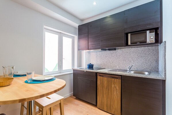 Fridge, microwave, coffee/tea maker, electric kettle