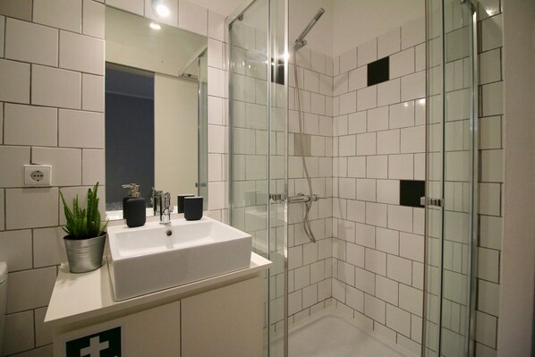 Shower, hair dryer, towels