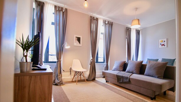 A modern living room with a sofa, a chair, a desk, and a potted plant.