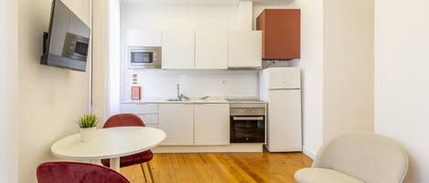 Fridge, microwave, electric kettle, toaster