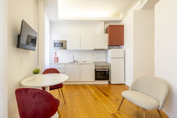 Fridge, microwave, electric kettle, toaster