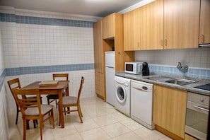 Fridge, microwave, electric kettle, toaster
