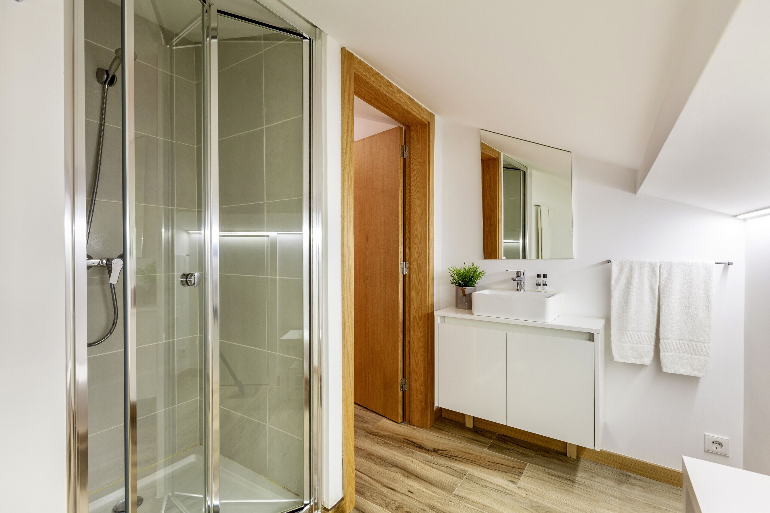 Shower, hair dryer, towels, toilet paper