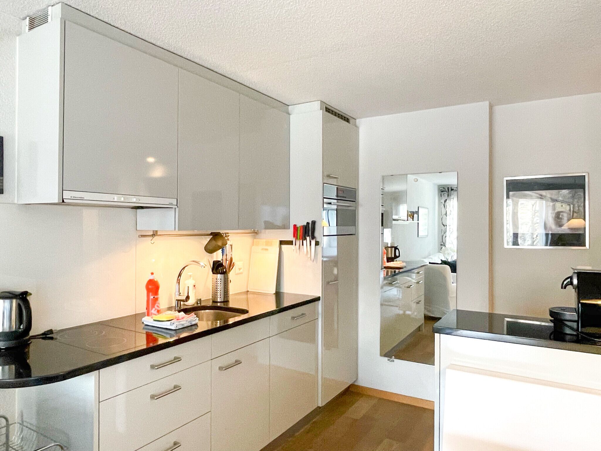 Coffee/tea maker, fridge, microwave, oven