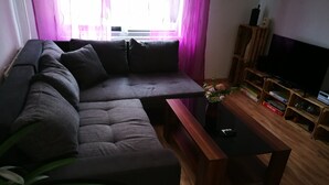 A modern living room with a sectional sofa, a wooden coffee table, and a TV on a wooden stand. - 2 bedroom apartment in neuburg steinhausen (Neuburg Steinhausen)