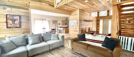 Smart TV, fireplace, foosball, books