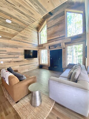 Smart TV, chimenea, futbolito, libros