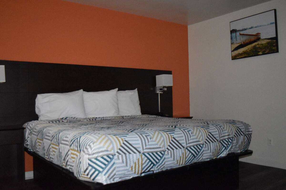 A bedroom with a bed, a nightstand, a wall-mounted lamp, and a picture of a boat on the wall.