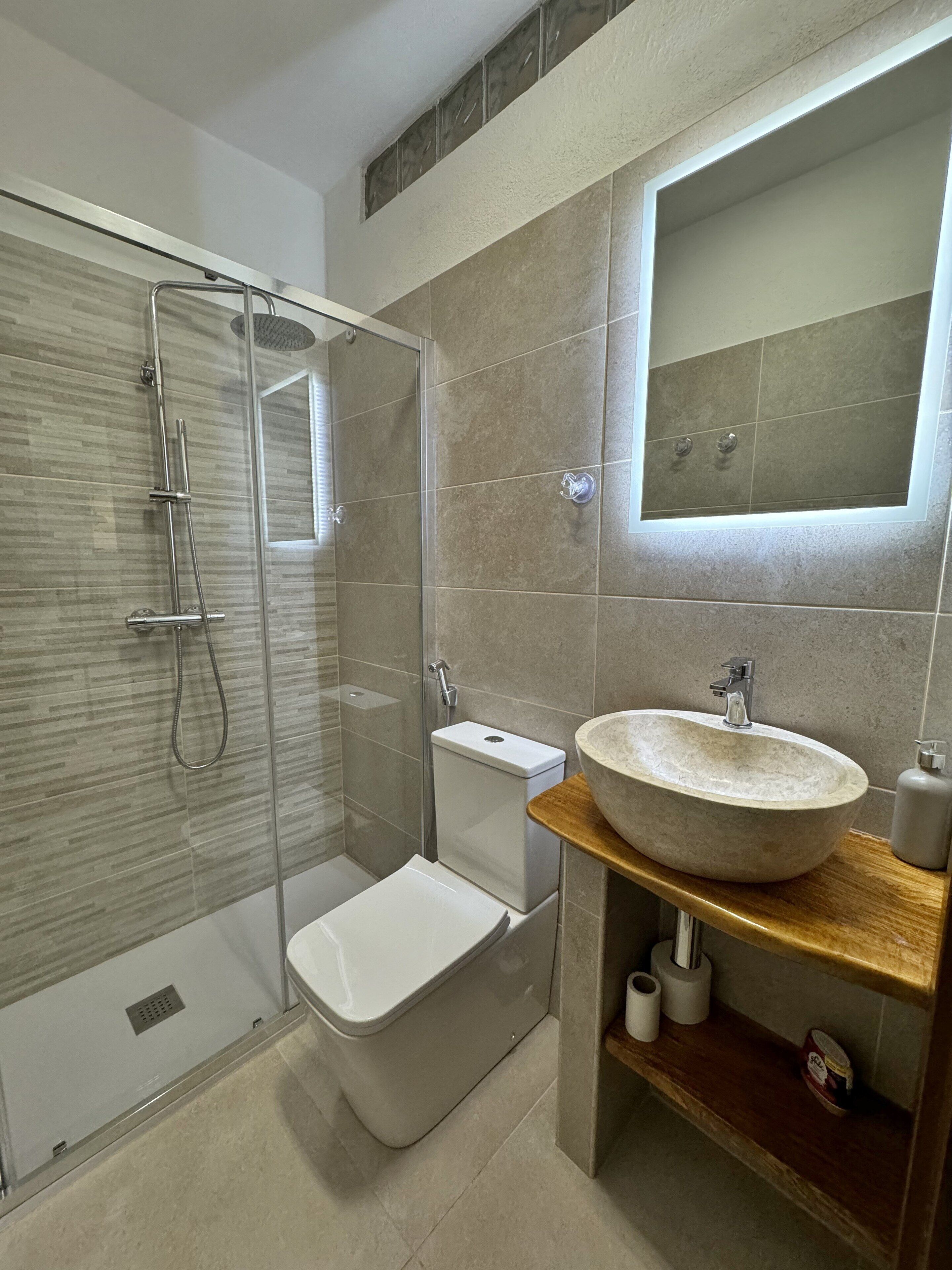 A modern bathroom with a glass-enclosed shower, a toilet, and a vanity with a large sink and mirror.