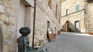 A narrow stone-paved street with a statue on the left and a building with a wooden door and windows on the right. - LAURO apartment kitchen, garden (Toscana)