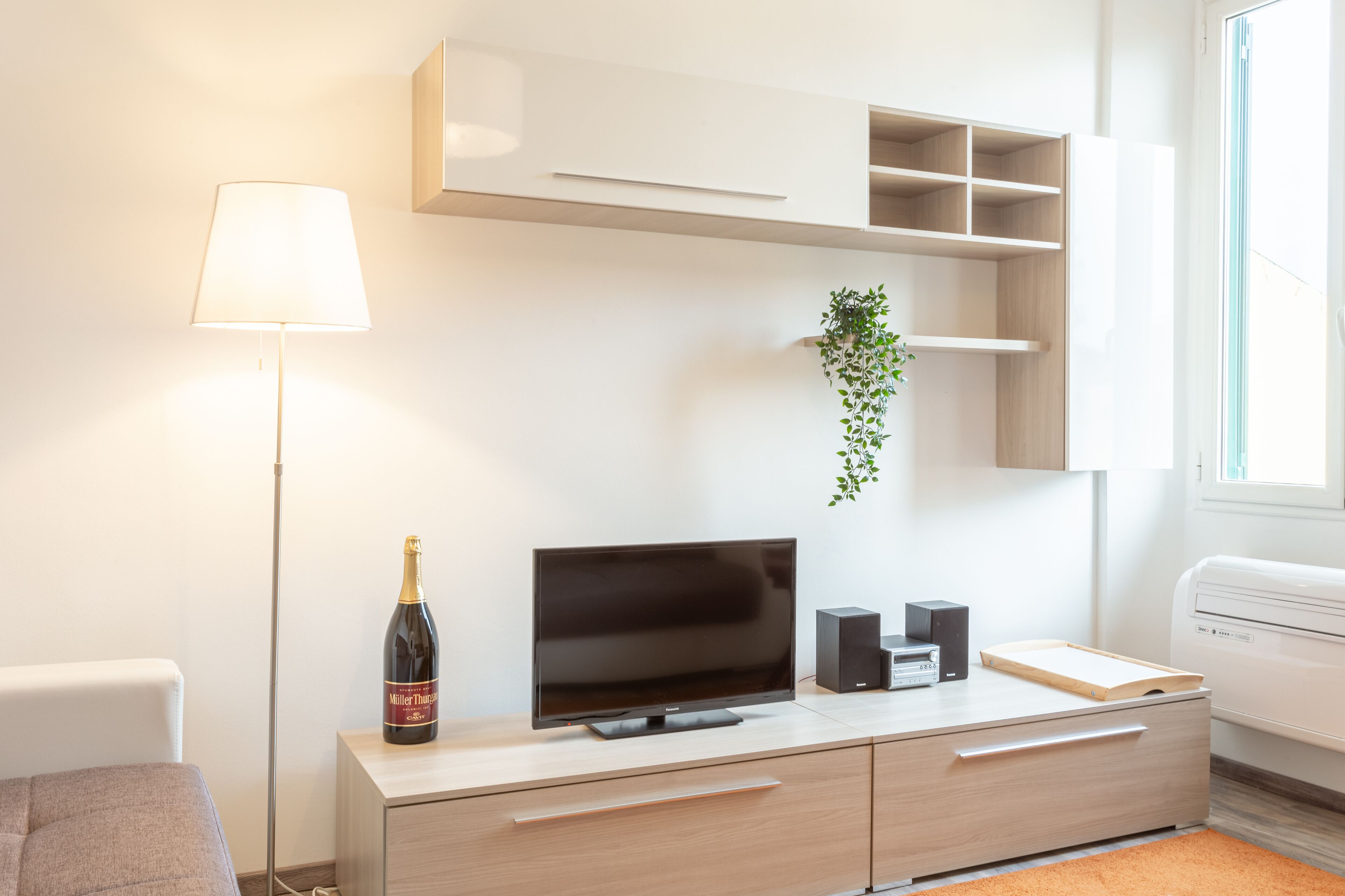 A modern living room with a flat-screen TV, a bottle of champagne, a plant, and a white lamp.