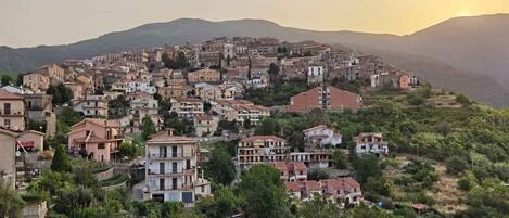 A hillside town with buildings clustered together, surrounded by greenery and mountains in the background.