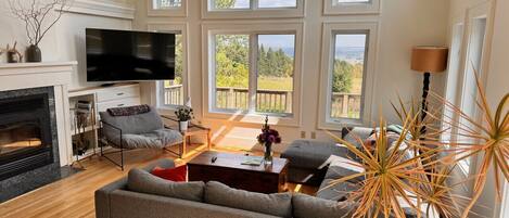 Televisie, een open haard en een stereo