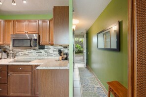 Fridge, microwave, coffee/tea maker, toaster