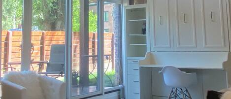 Smart TV, fireplace, books