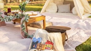 Een tent op een kleed met een picknicktafel, omringd door bomen.