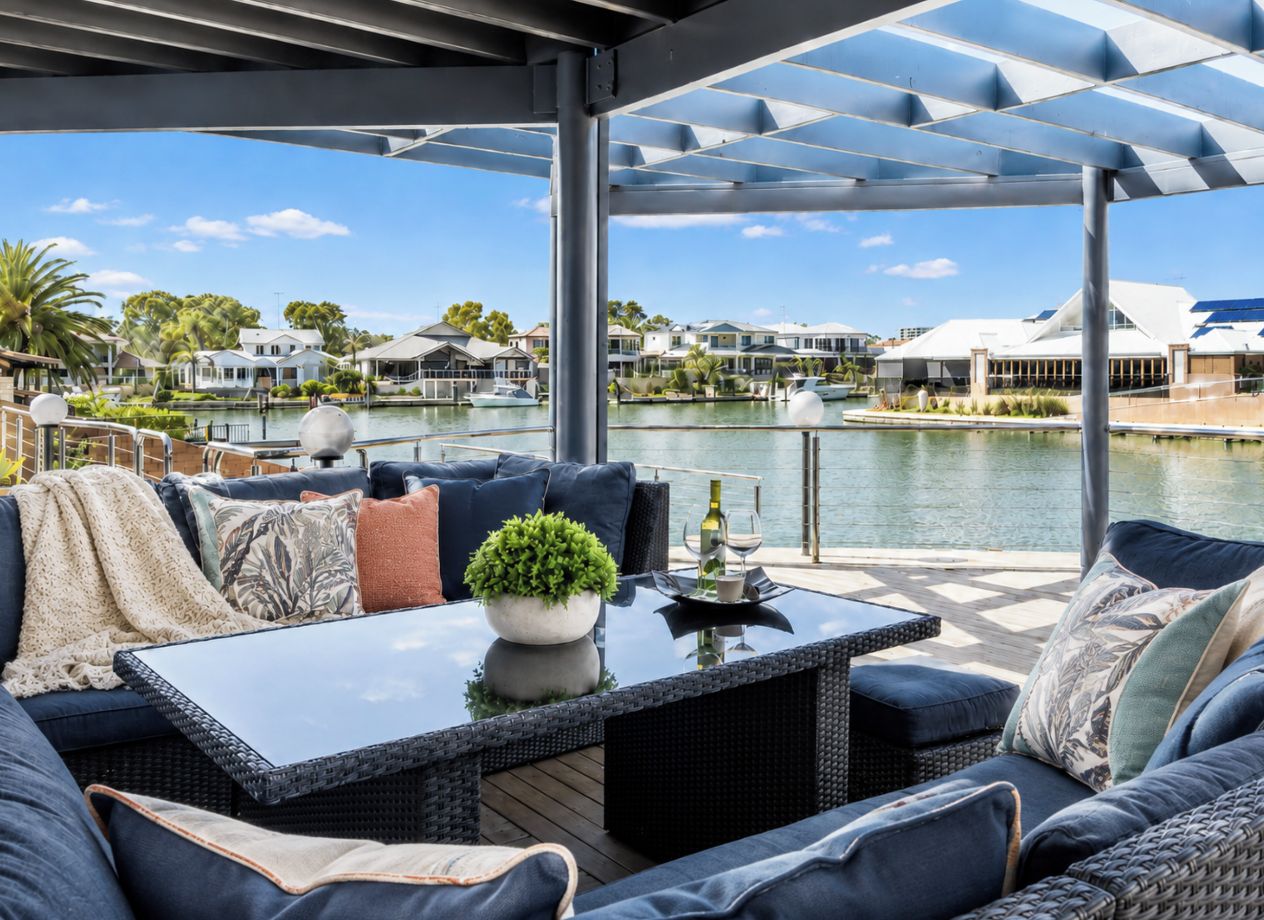 An outdoor seating area with a view of a marina and houses.