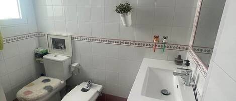 A bathroom with two toilets, a sink, a mirror, and a small potted plant.