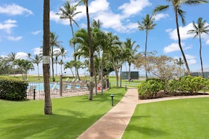 Relax by the pool surrounded by lush palm trees and a serene lawn.