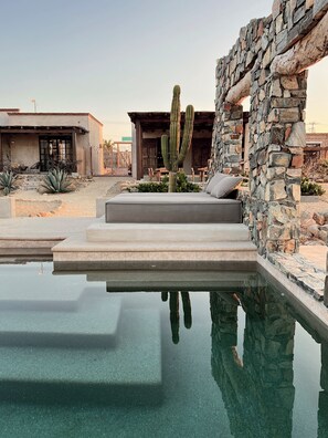 Una piscina con un muro de piedra y un cactus en primer plano.