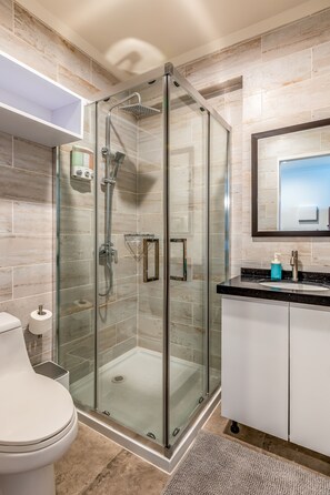 Shower, hair dryer, towels, soap