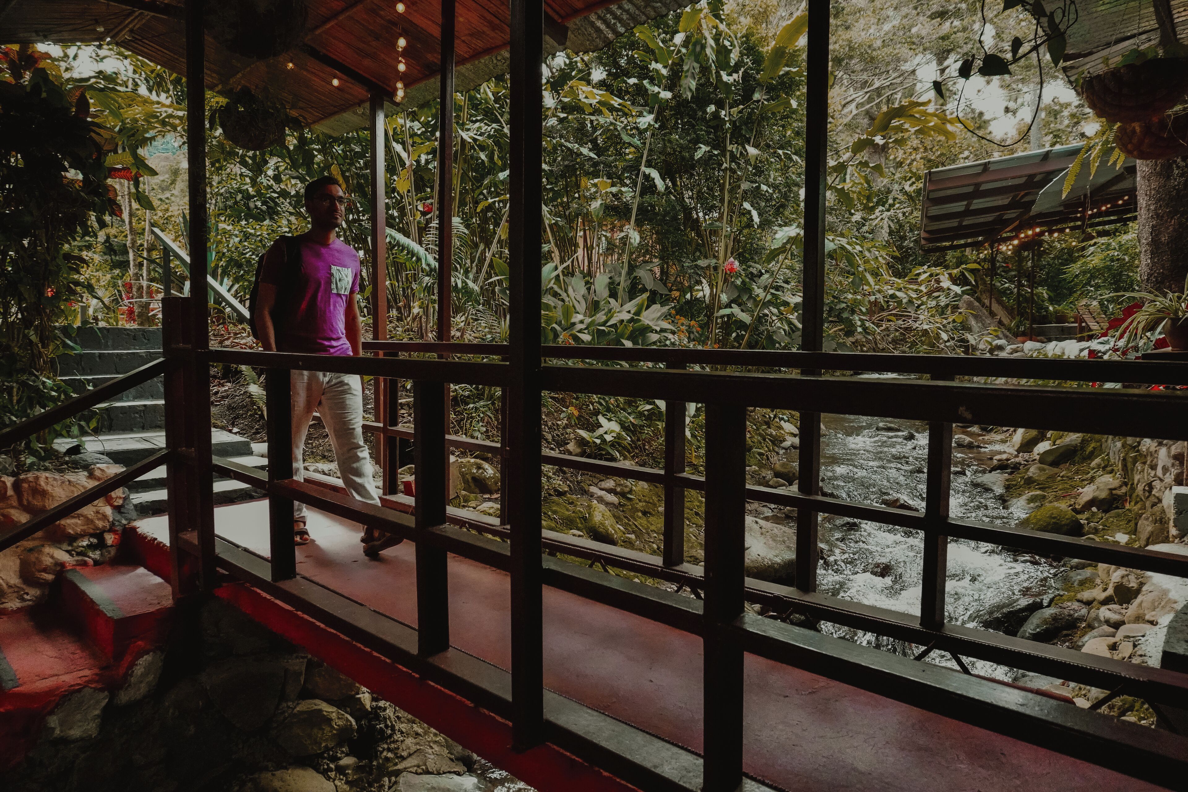 A person standing on a wooden bridge with metal railings, overlooking a natural landscape with rocks and greenery.