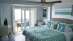 A bedroom with a bed, a ceiling fan, a window with curtains, and a painting on the wall. - BEACHFRONT
Gorgeous View!!!
OCEANFRONT
Sunday to Sunday (Eastpoint)
